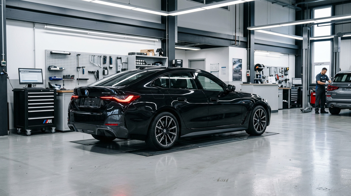 A black BMW i4 Gran Coupé standing on a body-shop floor, seen three-quarter from the rear with the i4 badge on the tailgate