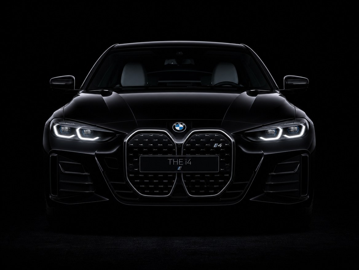 A black BMW i4 head-on in low light, headlights lit and the roundel above the kidney grille
