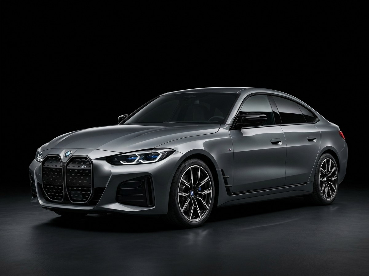 A grey BMW i4 standing three-quarter front on to the camera in a dark studio