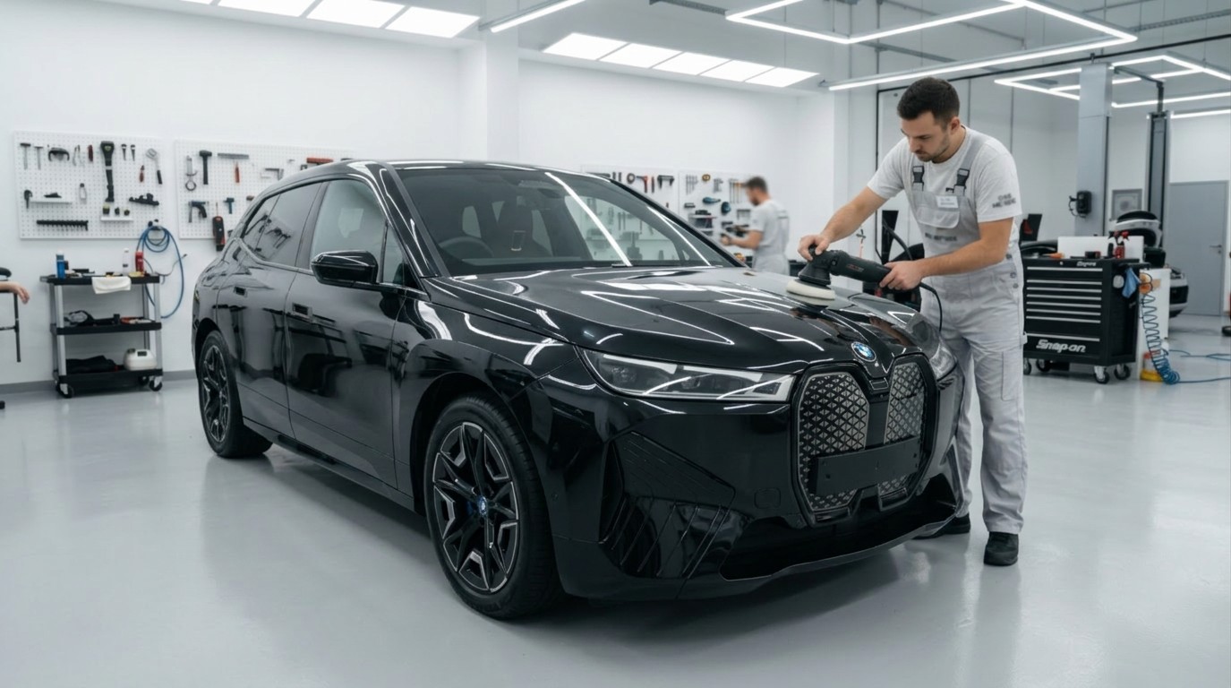 A black BMW iX standing on a body-shop floor while a technician polishes the bonnet