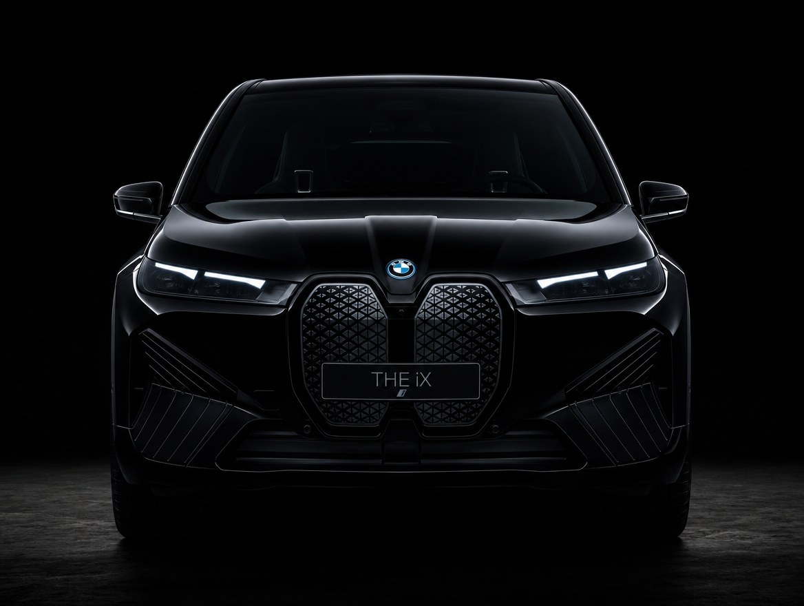 A black BMW iX head-on, the closed kidney panel at the centre of its nose — the housing its forward camera and radar look through