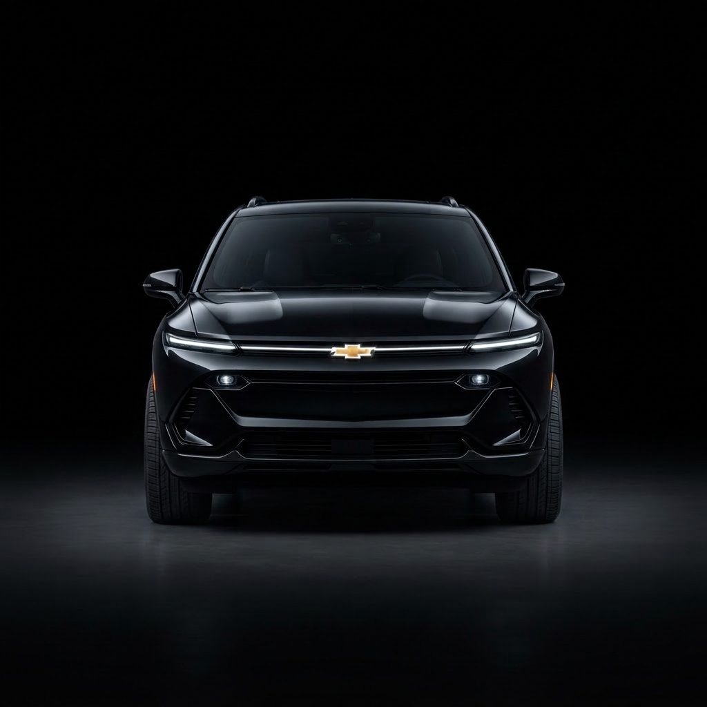 A black Chevrolet Equinox EV head-on against a dark studio floor: hood, full-width light bar, bowtie, grille, lower bumper and both front wheels — the panels a collision repair replaces