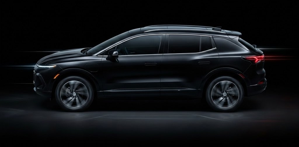 A black Chevrolet Equinox EV in full side profile on a dark studio floor: the whole flank, both wheels, the mirror housing, the tailgate and the rear lamp a calibration has to be measured against
