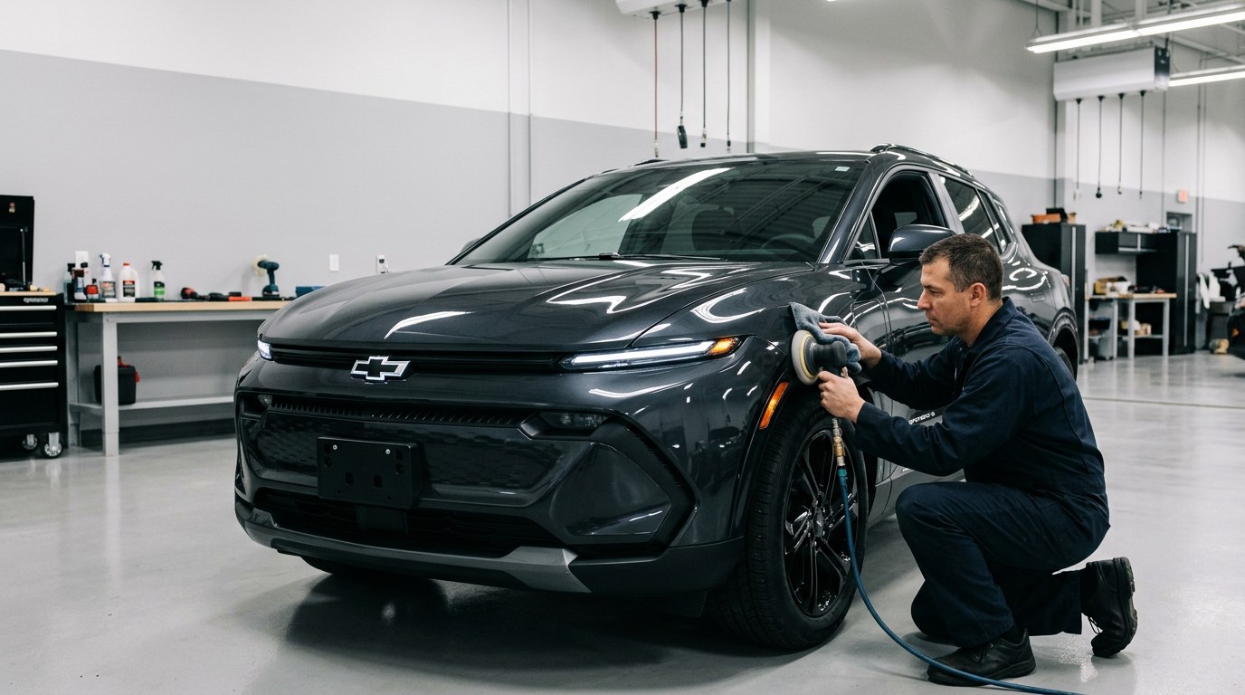 A dark grey Chevrolet Equinox EV standing in a workshop bay, three-quarter from the front, with a technician kneeling at the front wing and polishing it