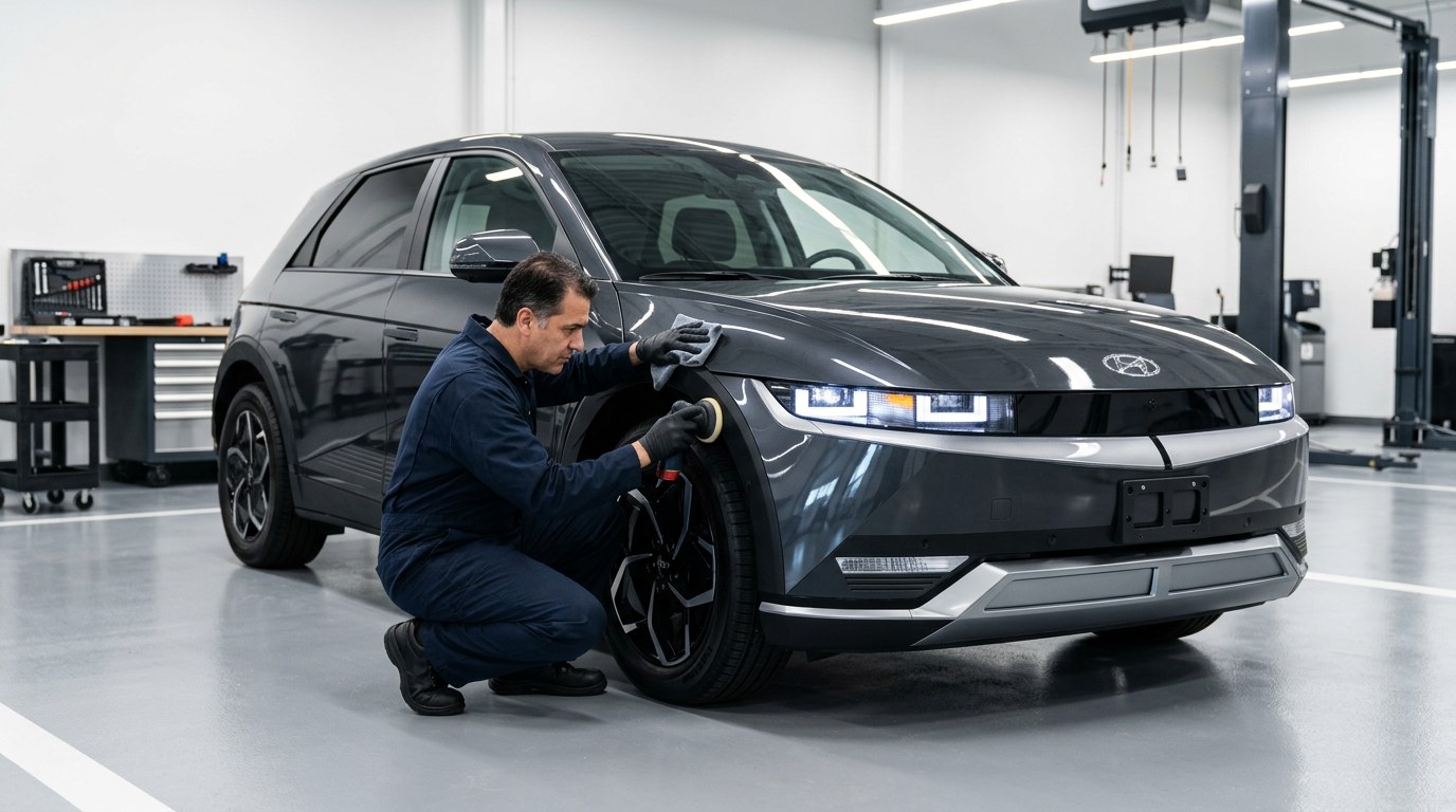 A dark grey Hyundai Ioniq 5 standing in a workshop bay, three-quarter from the front, with a technician in navy overalls polishing its front wing
