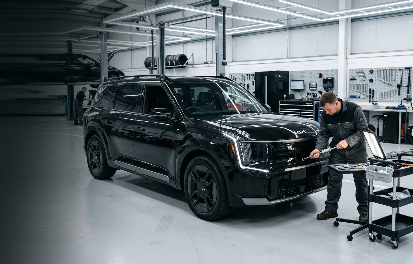 A black Kia EV9 standing in a workshop bay, seen three-quarter from the front, with a technician working at its front end — a photograph of the model in a workshop that is not this shop