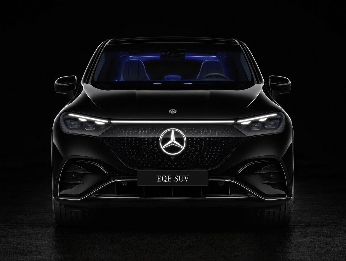 A black Mercedes-Benz EQE SUV photographed head-on against a dark studio sweep, the whole front of the car in frame with the illuminated star and closed grille panel lit