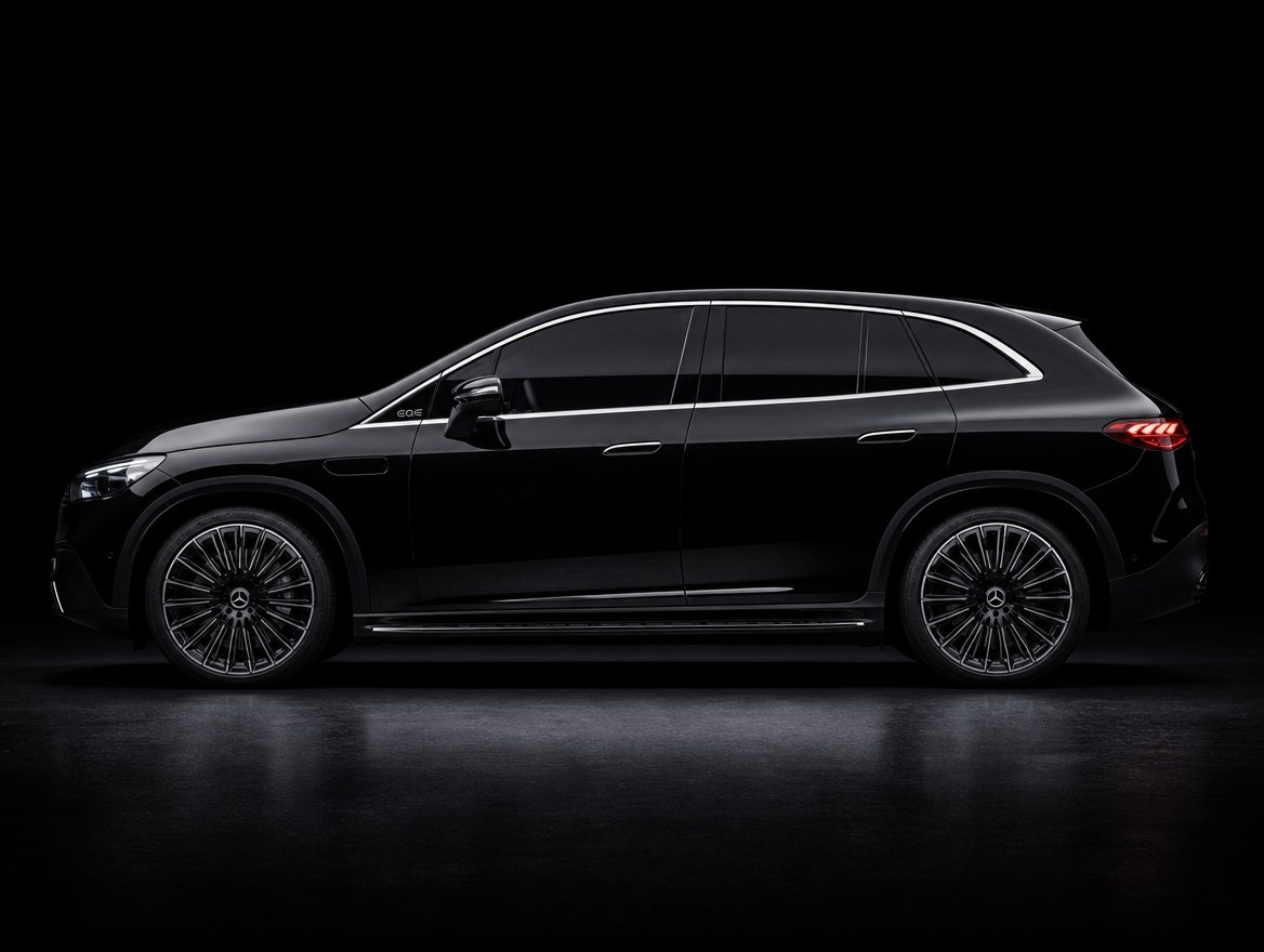 A black Mercedes-Benz EQE SUV in full side profile against a dark studio sweep, the whole flank from front wing to tailgate in view