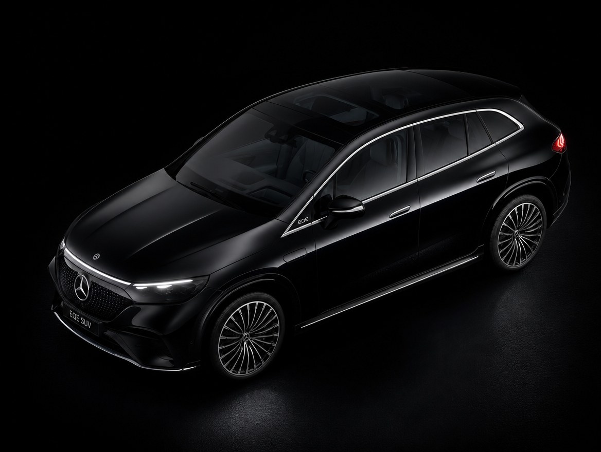 A black Mercedes-Benz EQE SUV under studio light, seen three-quarter from above