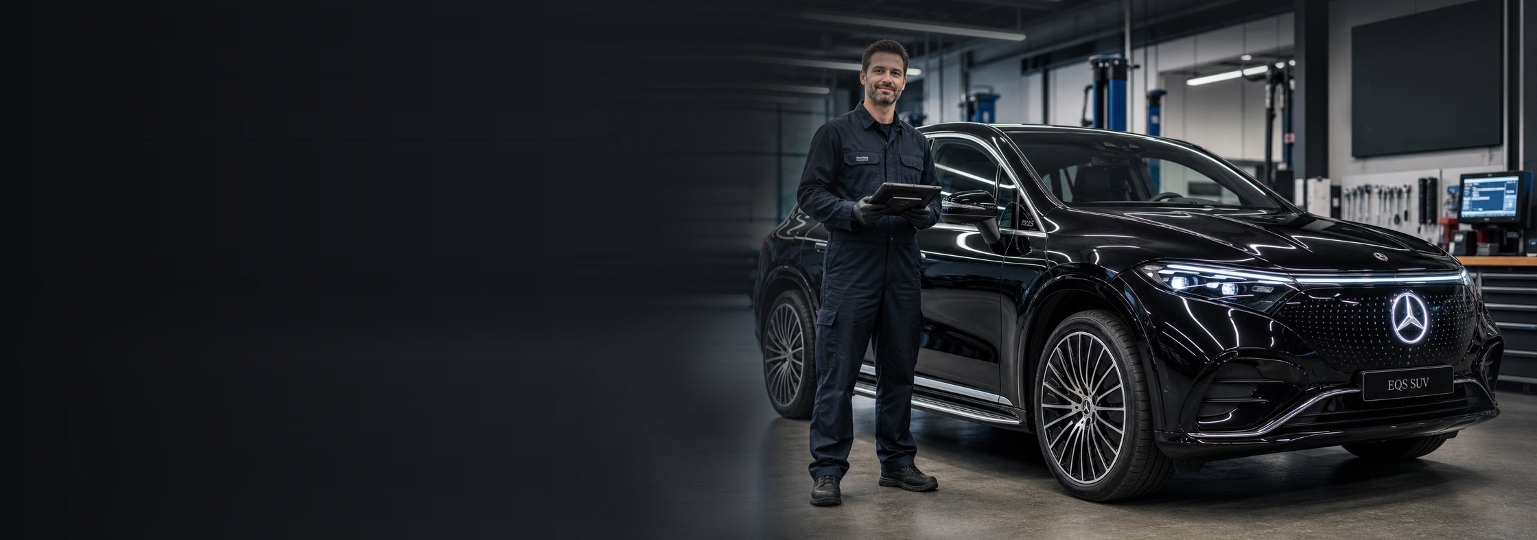 A black Mercedes-Benz EQS SUV standing in a workshop bay, a technician with a tablet beside its front wheel