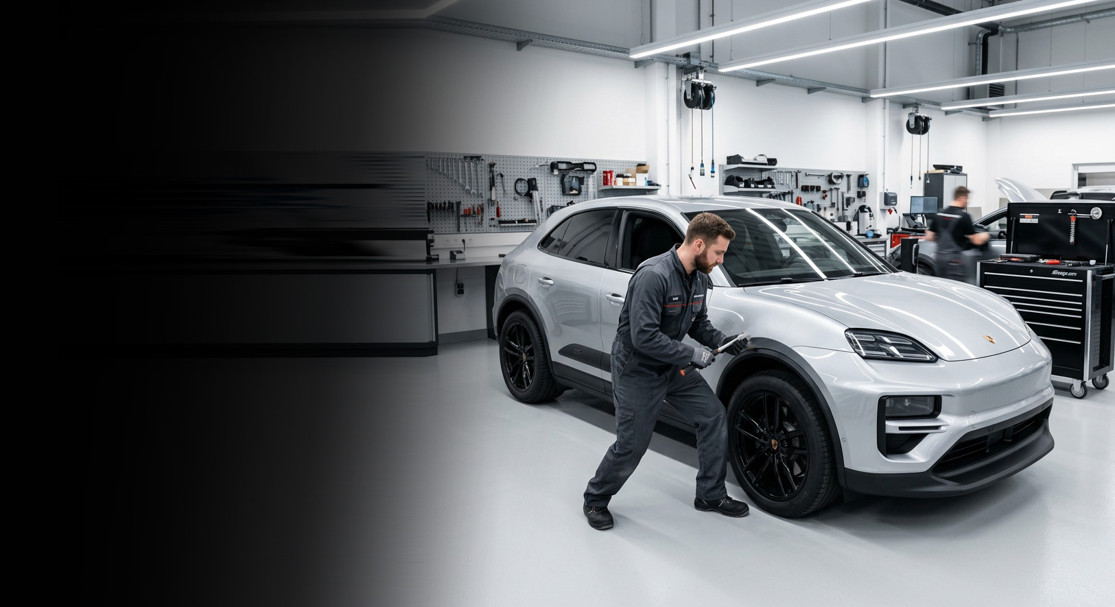 A silver Porsche Macan Electric standing on a workshop floor, a technician crouched at its front wheel arch