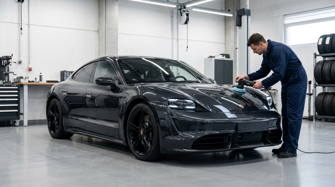 A dark grey Porsche Taycan standing in a workshop bay, three-quarter from the front, with a technician in navy overalls polishing its bonnet