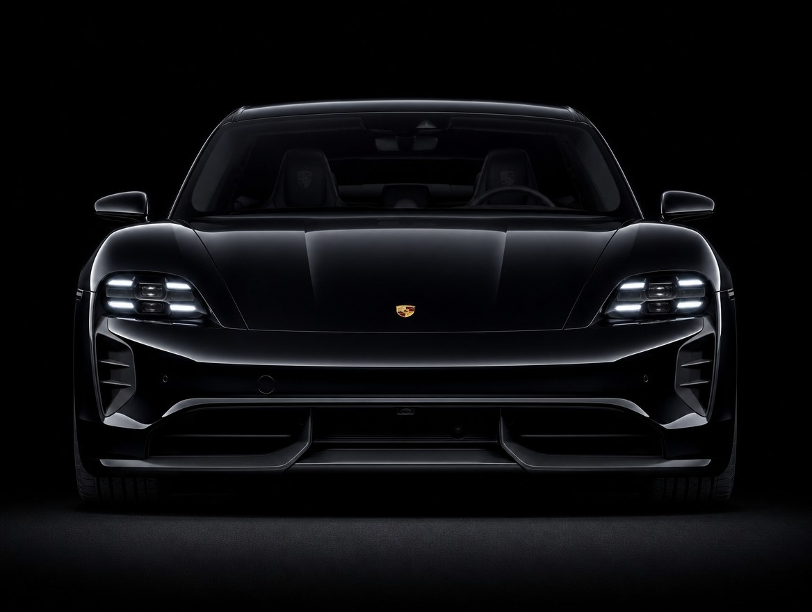 The front of a black Porsche Taycan in studio light: front lid, matrix headlights, bumper and lower intakes, the panels a collision repair replaces