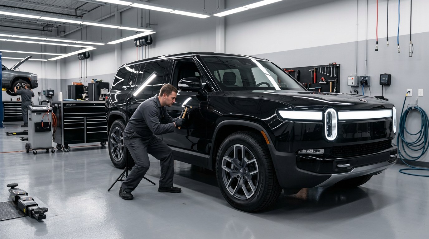 A black Rivian R1S standing in a workshop bay, three-quarter from the front, with a technician in grey overalls leaning over its front fender at work
