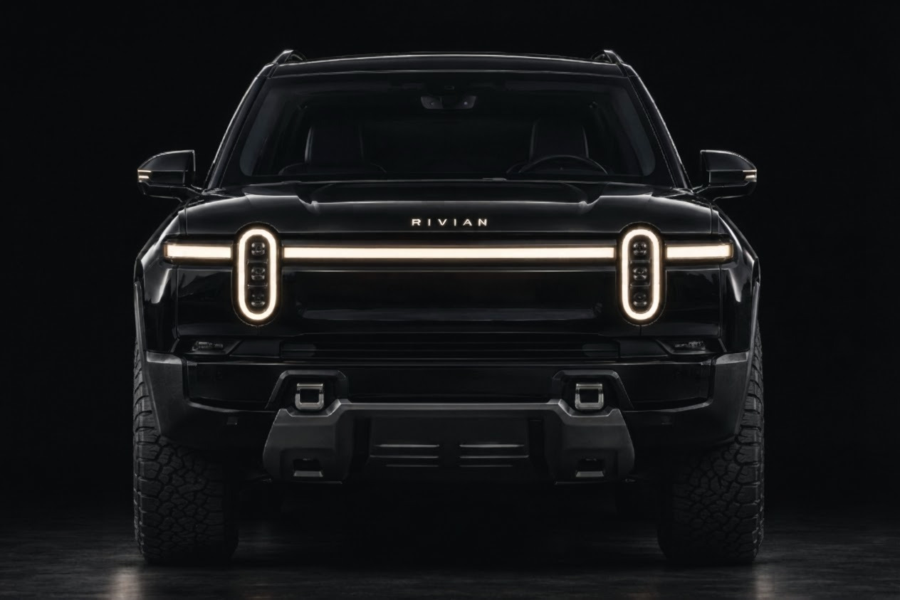 The front of a black Rivian R1S seen head-on against a dark studio ground: the front lid, the full-width light bar, both headlight ovals, the lower bumper with its tow-eye covers and both front wheels — the panels a collision repair replaces